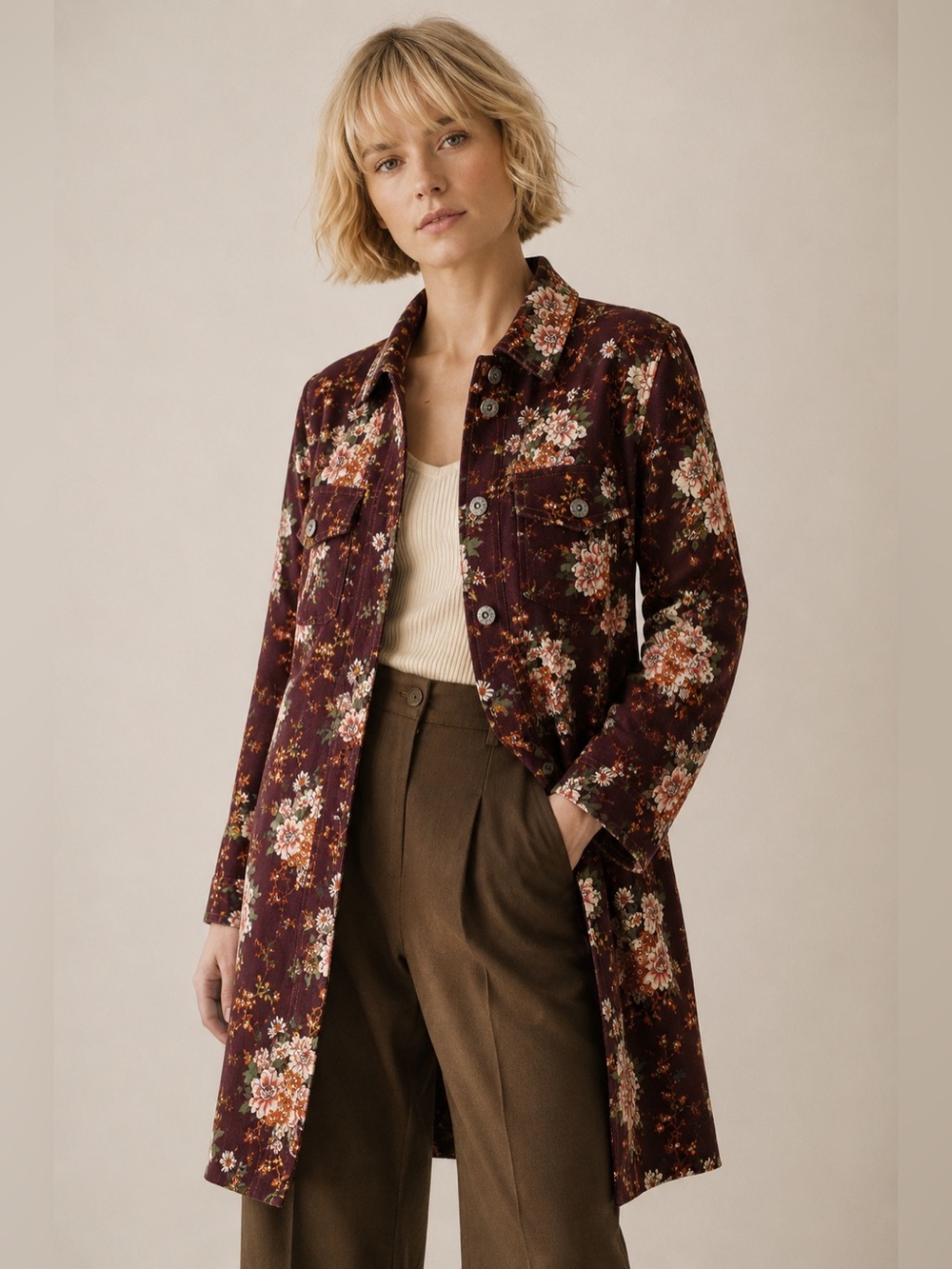 Aratta Burgundy Floral Embroidered Shacket Coat Large NWT